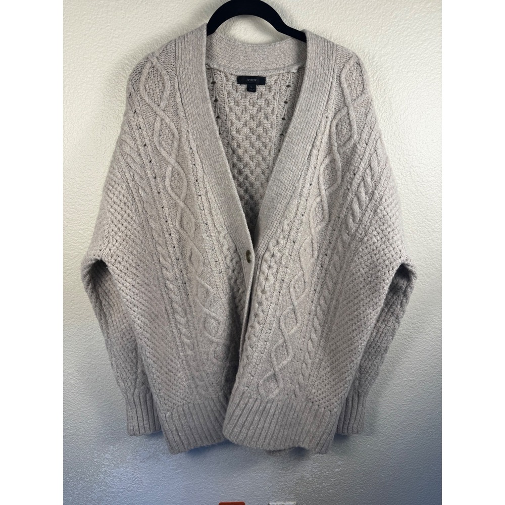 J Crew Cable Knit Chunky Oversized Cardigan Sweater Women L Merino Alpaca Wool